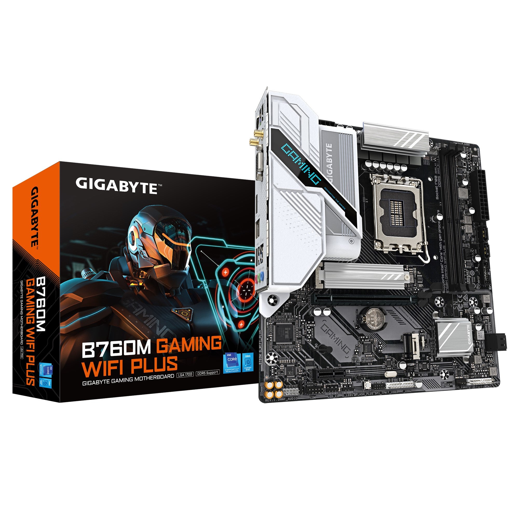 Gigabyte B760M GAMING WIFI PLUS  Intel LGA 1700 m-ATX Motherboard, 2x DDR5 ~128GB, 1x PCI-E x16, 1x PCI-E x1, 2x M.2, 4x SATA, 5x USB 3.2, 2x USB 2.0 Gigabyte B760M GAMING WIFI PLUS  Intel LGA 1700 m-ATX Motherboard, 2x DDR5 ~128GB, 1x PCI-E x16, 1x PCI-E x1, 2x M.2, 4x SATA, 5x USB 3.2, 2x USB 2.0